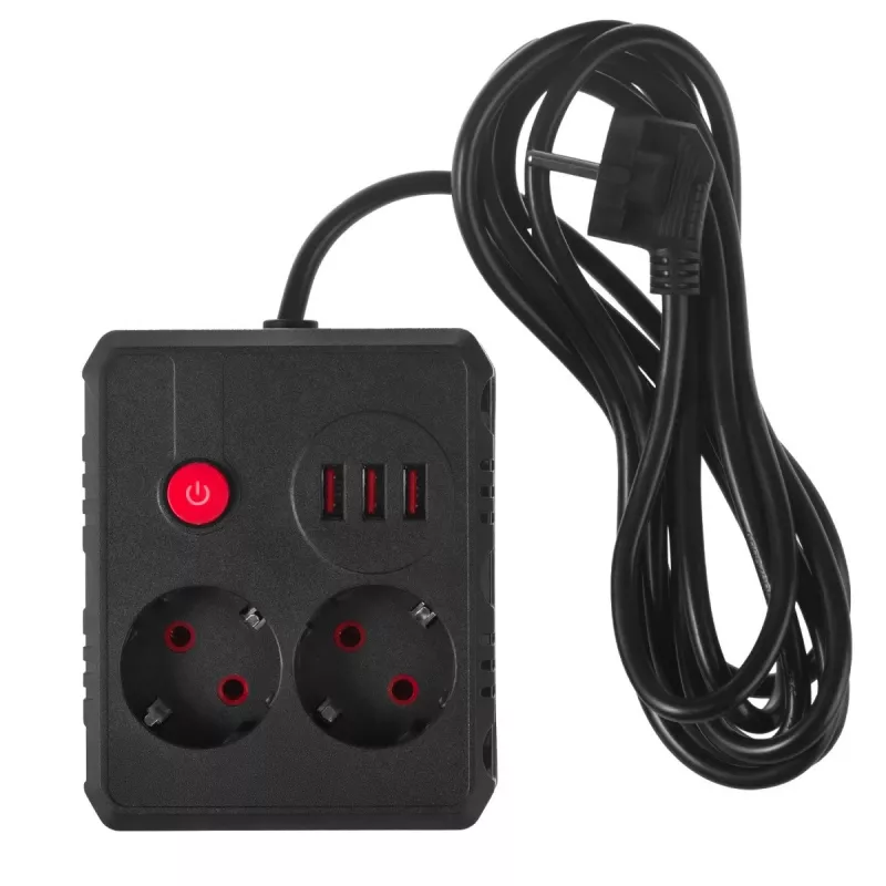 Pikendusjuhe MACLEAN MCE388 B — 2 pistikupesa, 3×USB A, 110–120 V 50/60 Hz, 2500 W, 3 m kaabel, must