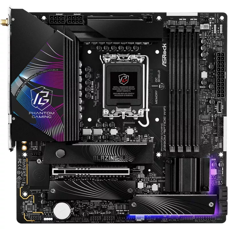 Emaplaat ASRock Phantom Gaming Z890M Riptide WiFi — Intel Z890, LGA1851, microATX, DDR5, 4x DIMM, 256 GB, Wi‑Fi 6E, 2,5Gb LAN