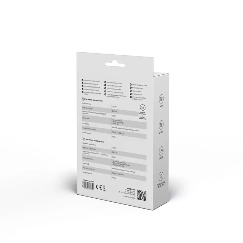 Auto USB-laadija SAVIO SA-024 — universaalne mobiilseadme laadija, sisend 12–24 V, väljund 5 V, must, sigaretisüütaja
