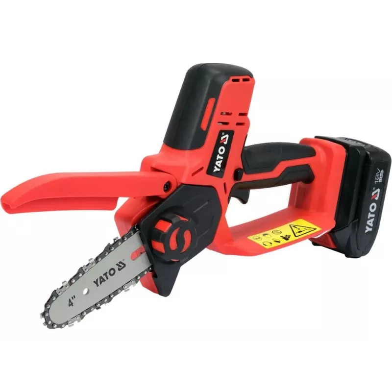 Akutoitega kettsaag YATO YT-828135 — 18V Li-Ion 2Ah, 10 cm latt, 3200 p/min, 4,8 m/s keti kiirus, 26 lüli