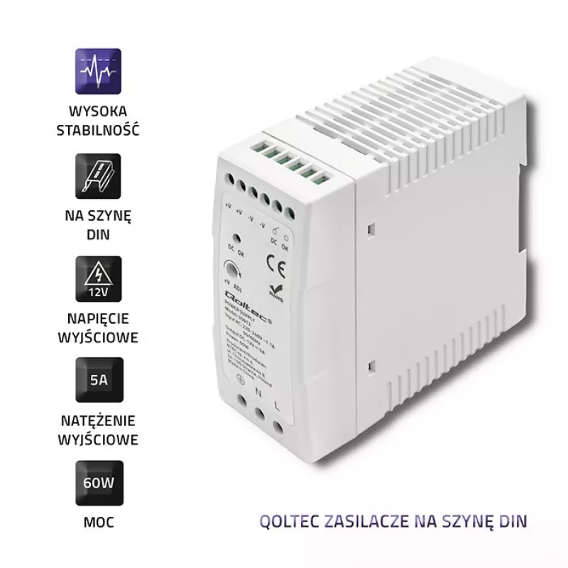 Qoltec DIN-liistu toiteplokk | 60 W | 12 V | 5 A | valge | õhuke