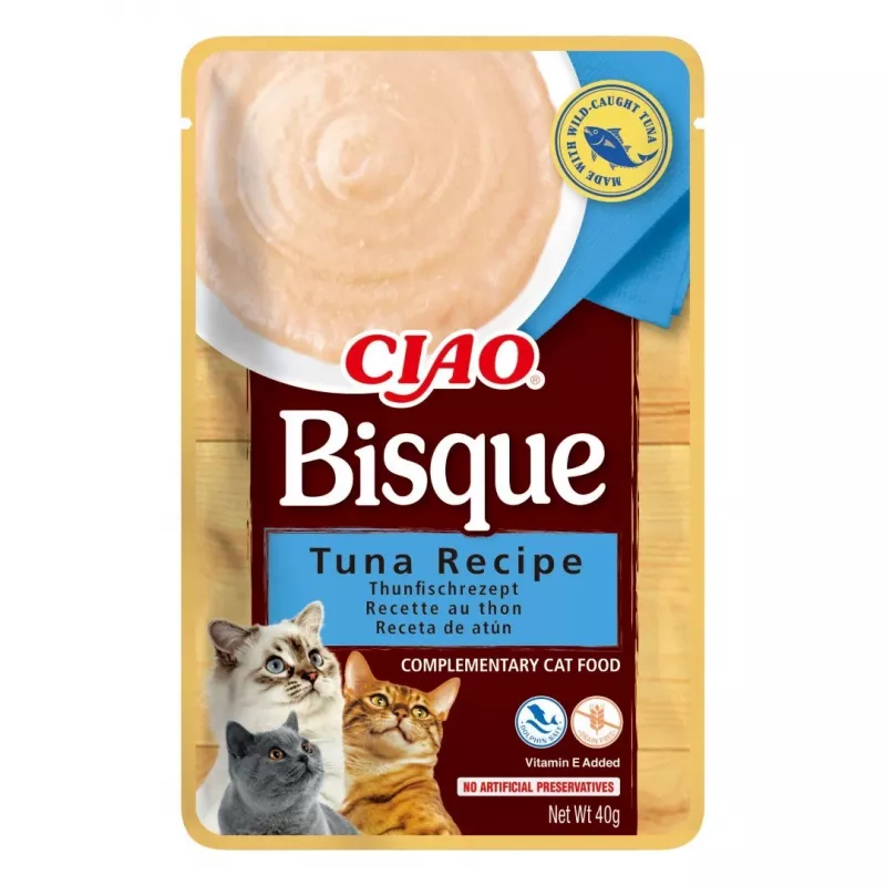 Märg kassimaius INABA CIAO Bisque — Tuunikala, veiseliha, kana 40 g kotikestes, pakis 24 tk