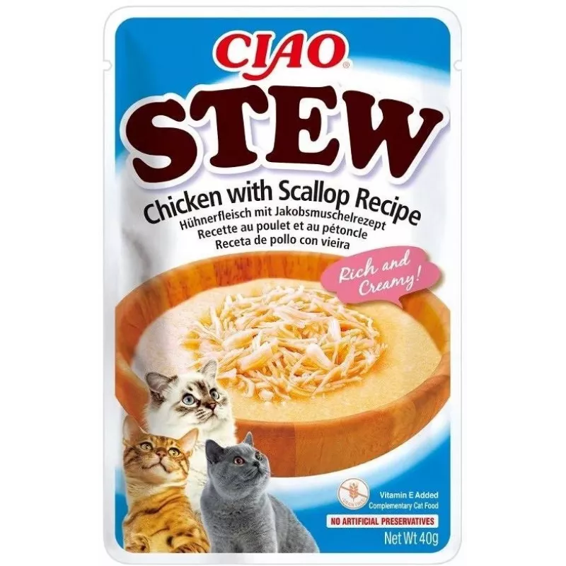 Niisked kassimaiused INABA Ciao Stew Kana ja kammkarp kotike 40 g — teraviljavaba, täiskasvanud, lihane