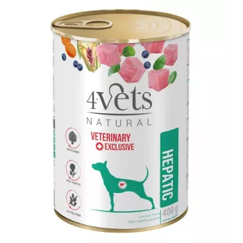 Konserveeritud märg koeratoit 4vets Natural Hepatic 400 g — veterinaardieet maksa toetamiseks, kalkun, 77% niiskust