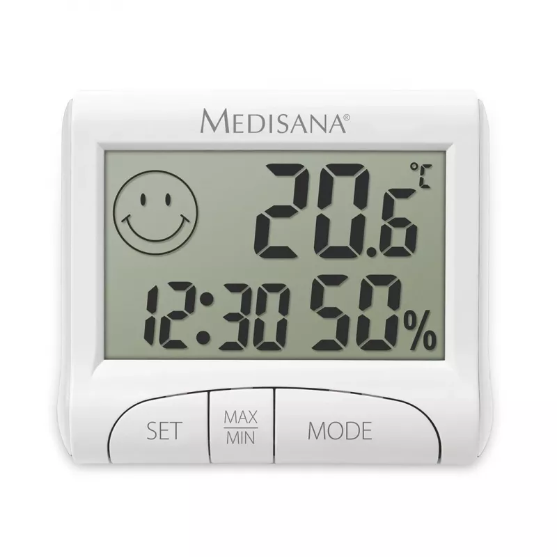 Elektrooniline sisehügromeeter Medisana HG 100 — digitaalne termomeeter, niiskus 20–90%, temp -10–50 °C, lauaekraan, aku AAA