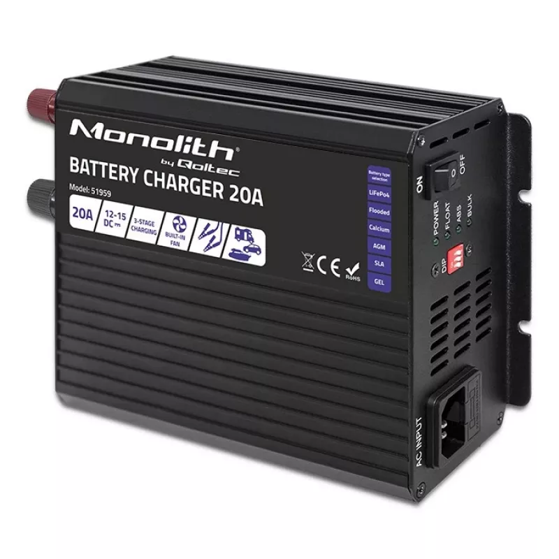 Laadija QOLTEC Monolith 20A 12V LiFePO4, AGM, GEL, SLA akudele