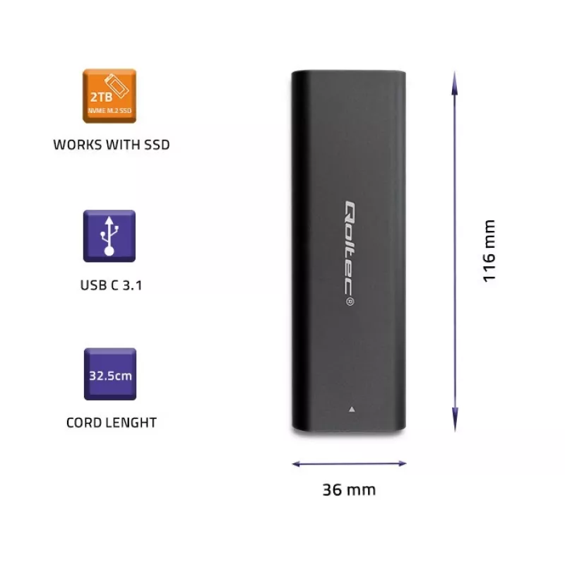 SSD-korpus QOLTEC 50312 Must ühele M.2 SATA kettale, USB USB-C (USB 2.0 / 3.2 Gen 1)