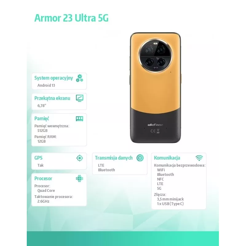 Tugevdatud nutitelefon UleFone Armor 23 Ultra 5G — 12 GB muutmälu, 512 GB salvestusruum, oranž