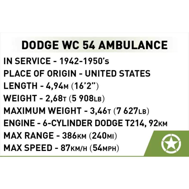 Ehitusmänguasi Cobi Dodge WC-54 Kiirabi mudel 2257 1:35 mõõtkavas ehituskomplekt