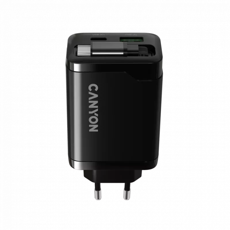 Laadija CANYON OnCharge 65RC sisseehitatud USB-C kaabliga, 65 W, 1x PD, 1x QC, EL-pistik, must