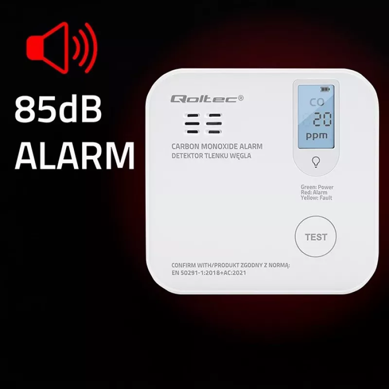 Vingugaasiandur QOLTEC 52577 — patareitoitega alarm, 85 dB helitugevus