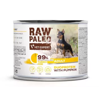 Märg koeratoit VETEXPERT RAW PALEO Duoprotein kalkun ja tursk täiskasvanud koertele 200 g, purk, 82% niiskust, 10,3% valku