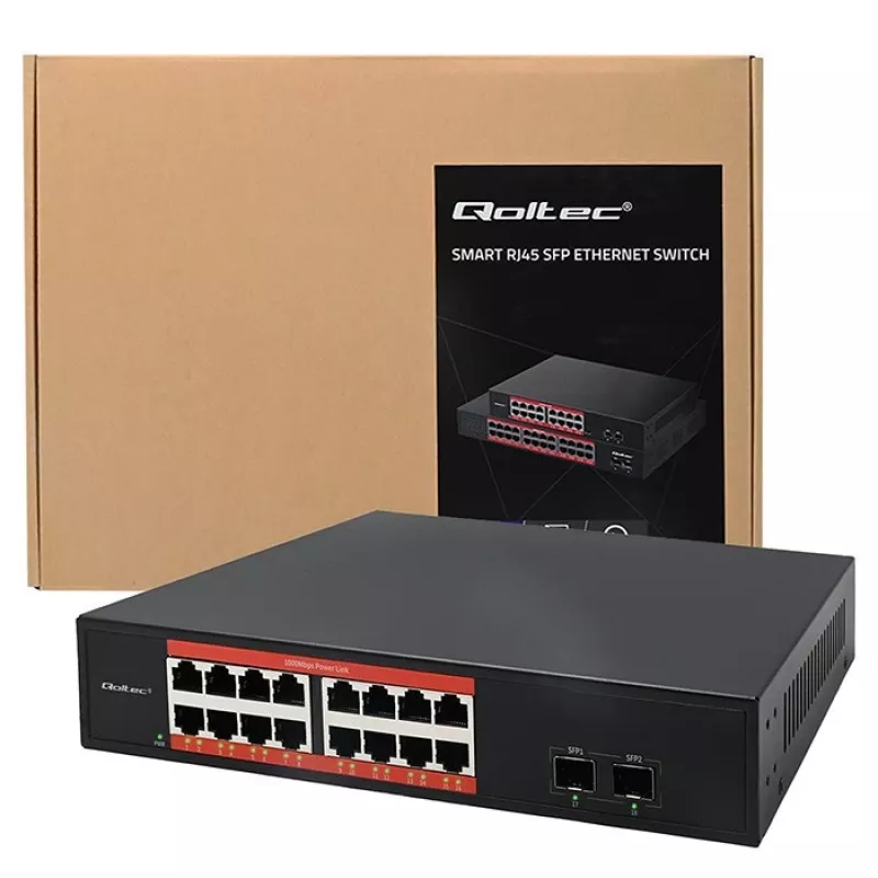 Võrgukommutaator QOLTEC 52364 — Gigabit Ethernet PoE 16xRJ45, 2xSFP