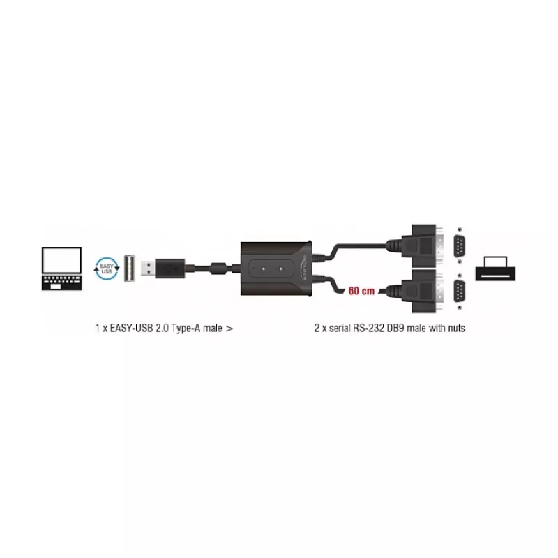 DeLOCK 63950 jadakaabel USB 2.0 Type-A 2 x RS-232 DB9 Must 0,6 m