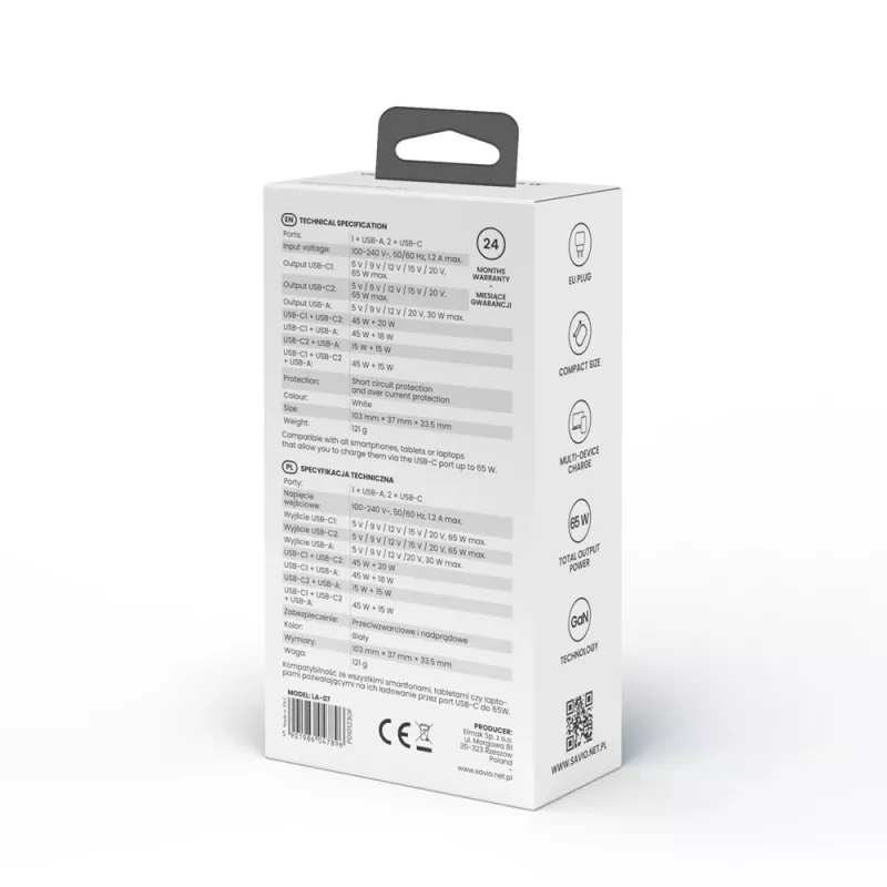 SAVIO LA-07 GaN 65W seinadapter, USB, QC4.0+, PD 3.0, Valge