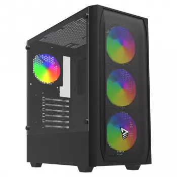 Arvutikorpus SAVIO Noctis Flow RGB — Kuubik, ATX/Mini-ITX, 3x 120 mm esiventilaatorit, karastatud klaasist külg, max GPU 35 cm