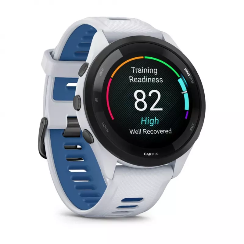 Nutikell GARMIN Forerunner 265 — 46 mm GFRP korpus, AMOLED 1.3 tolli, GPS/GLONASS/Galileo, 15-päevane aku, 5 ATM, silikoonist rihm