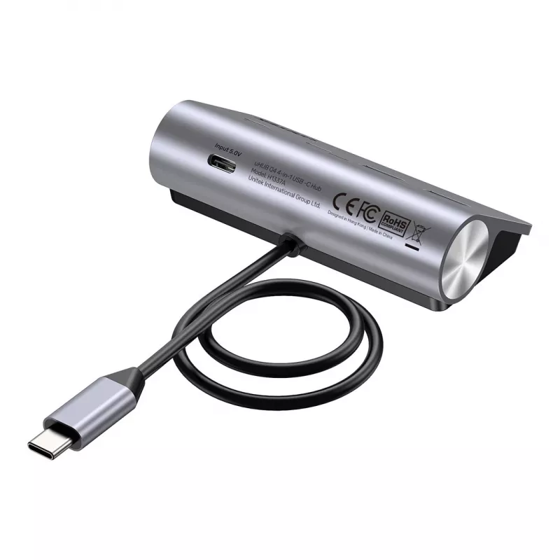USB-jaotur Unitek H1337AGY01 — 4 pordiga (2×USB-C, 2×USB-A), kuni 5 Gbps pordi kohta, alumiinium, hõbedane