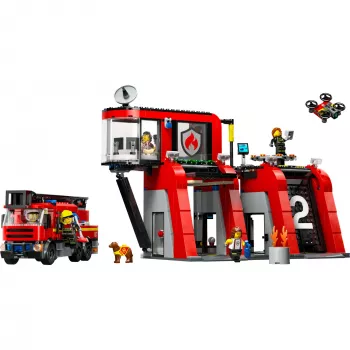 Konstruktsioonimänguasi LEGO City tuletõrjedepoo pöördredeliga sõidukiga 60414 — 843 detaili, 5 minifiguuri, 220×320×140 mm