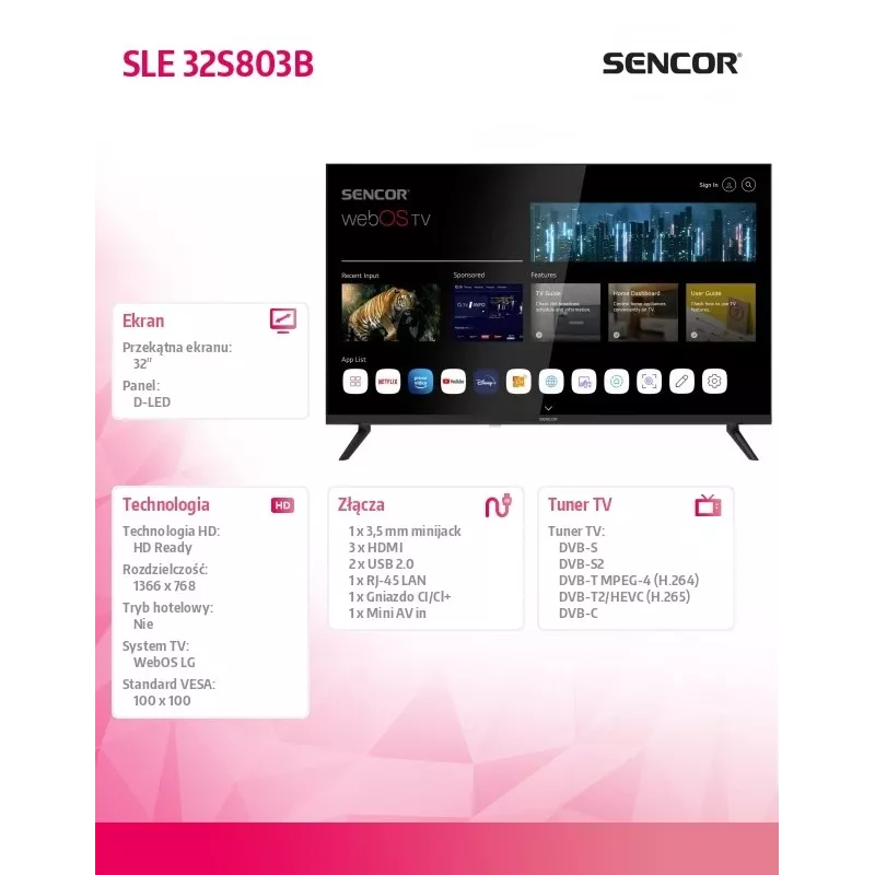 LED SMART TV SENCOR SLE 32S803B 32 tolli webOS HD 1366×768, HDR10, Wi‑Fi, Bluetooth, DVB‑T/T2/C/S/S2, 3×HDMI, 2×USB