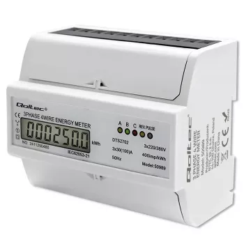 Qoltec kolmefaasiline kahesuunaline elektrooniline arvesti | DIN-rööpale paigaldatav energiatarbimise arvesti | 400V | 100A | LCD | 4P