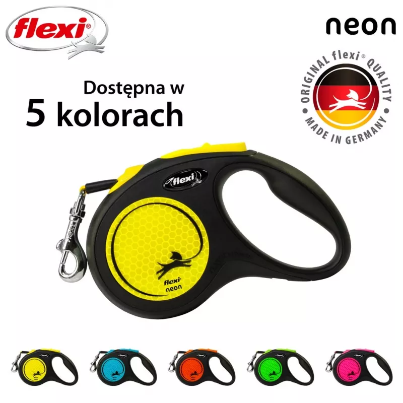 Sissetõmmatav rihm Flexi New NEON 5 m – lindirihm, väikestele koertele kuni 15 kg, must/kollane