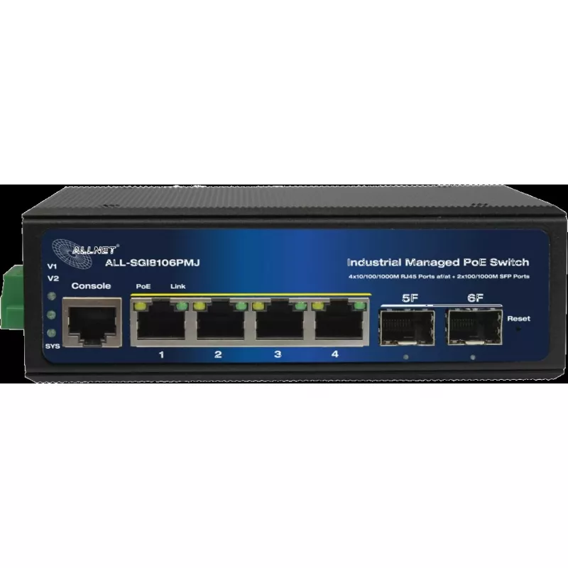 Hallatav tööstuslik PoE-lüliti ALLNET ALL-SGI8106PMJ 4 PoE + 2 üleslingiporti