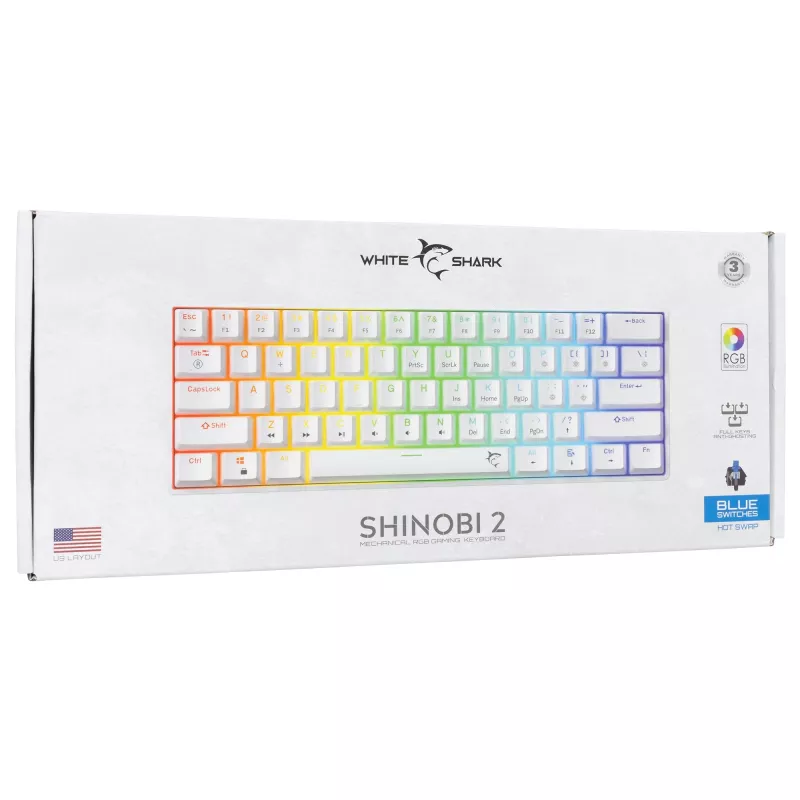 Juhtmega mehaaniline klaviatuur White Shark Shinobi-2 (GK-004221) — sinised lülitid, valge, US paigutus