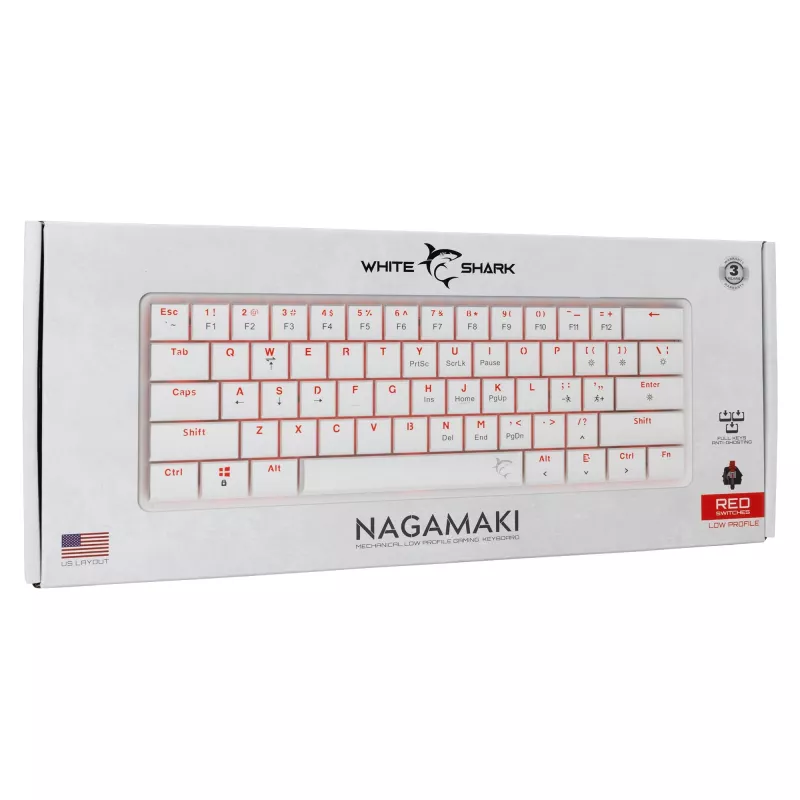 Mehaaniline klaviatuur White Shark Nagamaki GK-006211 — kompaktne paigutus, Red mehaanilised lülitid, valge korpus