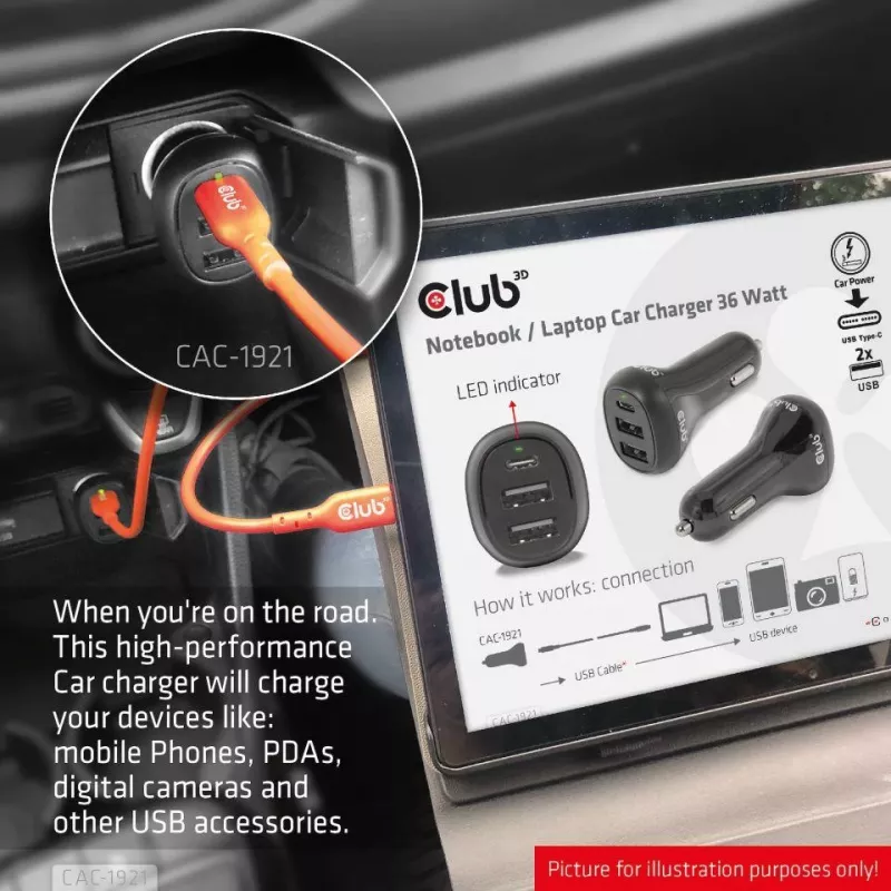 CLUB3D sülearvuti autolaadija 36 Watt, Auto, sigaretisüütaja, 24 V, must