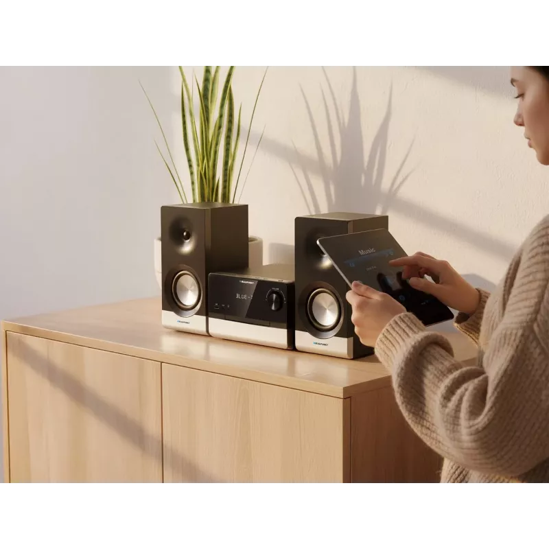 Kodune helimikrosüsteem BLAUPUNKT MS40.2BT — 2×50 W RMS, Bluetooth, CD, USB, HDMI ARC, optiline sisend, LED-ekraan (must)