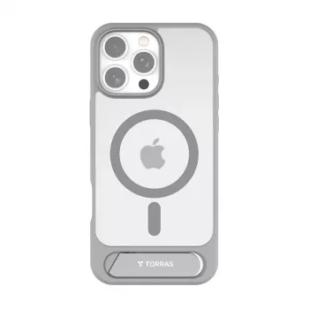 Kaitsva telefoniümbrise Torras Pstand Series iPhone 16 Pro Max jaoks, hall, õhuke profiil koos integreeritud alusega