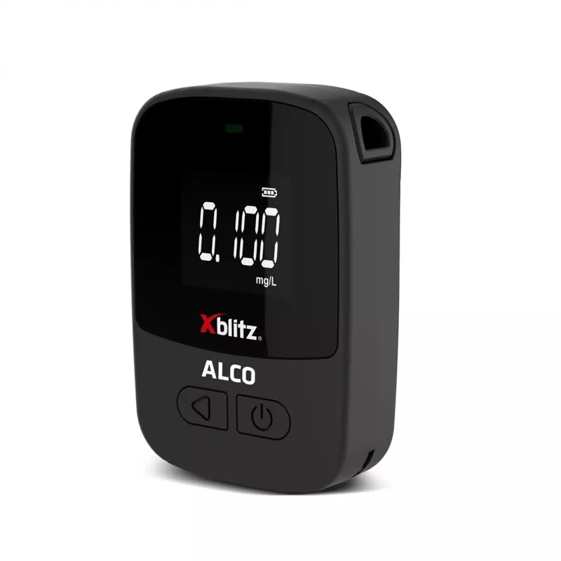Käeshoitav elektrokeemiline alkomeeter Xblitz ALCO — BAC 0–4%, täpsus 0,05%, LCD, 5 huulikut, 2×1,5V patareid