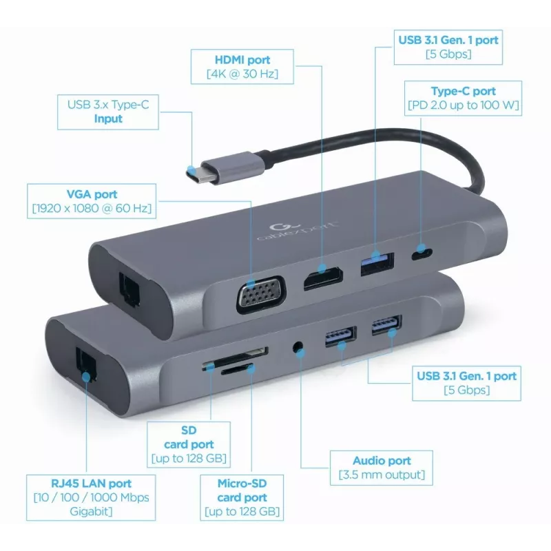 Gembird A-CM-COMBO7-01 sülearvuti dokk/portreplikaator USB 3.2 Gen 1 (3.1 Gen 1) Type-A Hall