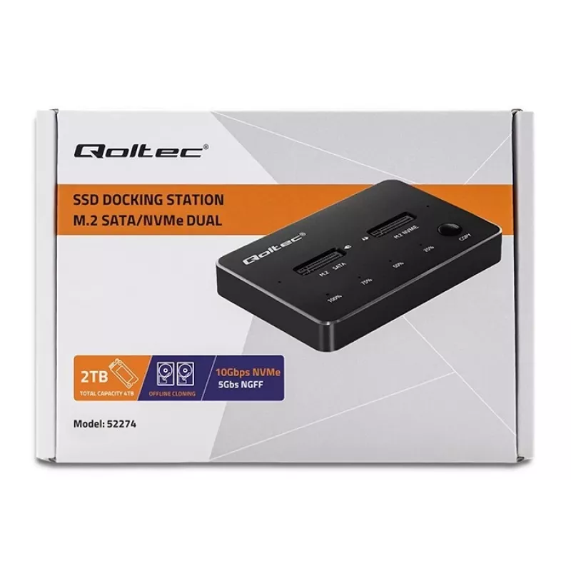 Qoltec 52274 M.2 SSD kettaseadme dokkimisjaam | NVMe | SATA | USB-C | DUAL 2 x 2TB