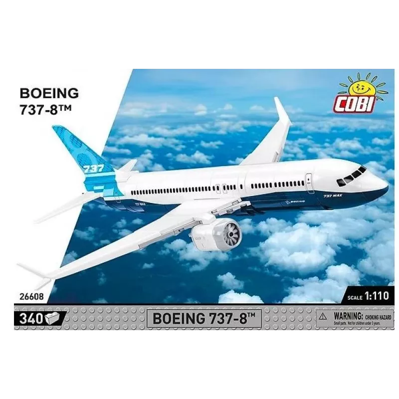 Ehituskomplekt Cobi Boeing 737-8 — 340 osa, soovitatav vanus 7+, sinine ja valge
