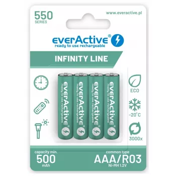 Laetavad AAA NiMH akud everActive EVHRL03-550 1,2 V 550 mAh 4 tk pakendis, silindrilised R03