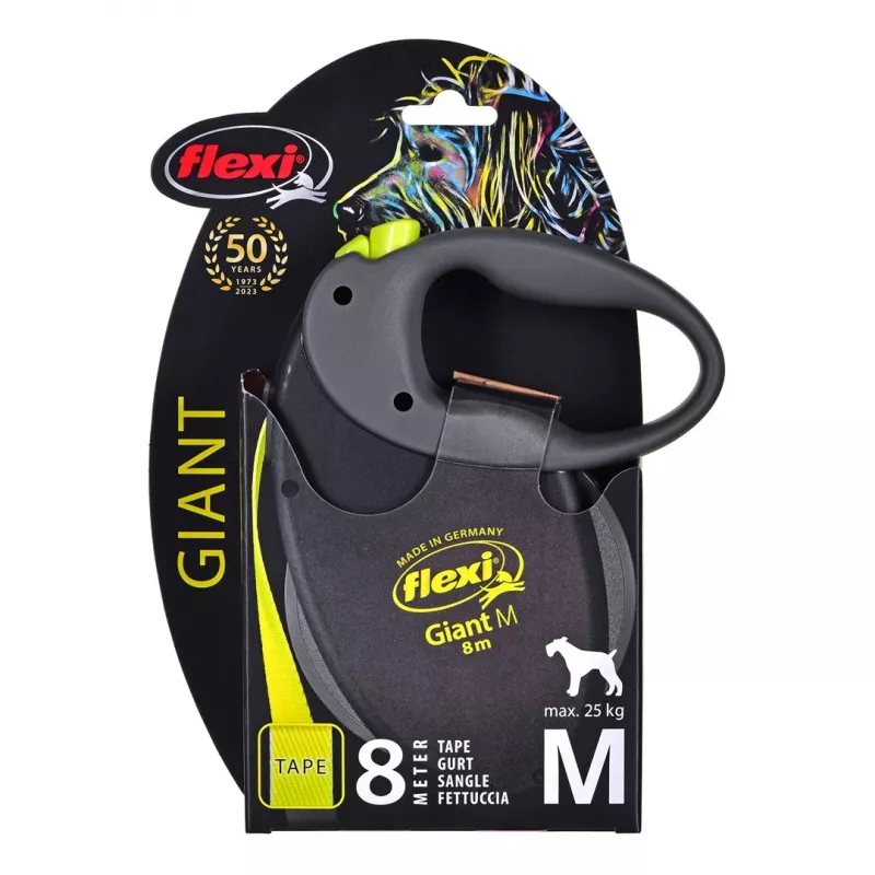 Sissetõmmatav lõast Flexi NEON GIANT M — 8 m lindilõast, max koormus 25 kg, ergonoomiline käepide, must/kollane