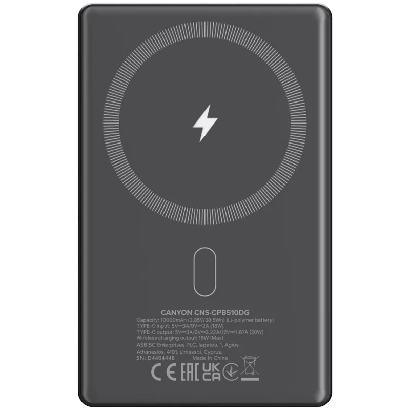 Canyon OnCharge 510 - Powerbank - 10.000 mAh - USB-C sisend - USB-C PD 20W väljund + juhtmevaba magnetlaadimine