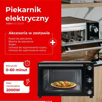 Elektriahi Adler AD 6028 — 60 L, 2000 W, vabalt paigutatav, pöördnupud, rotisserie, max 230°C, must