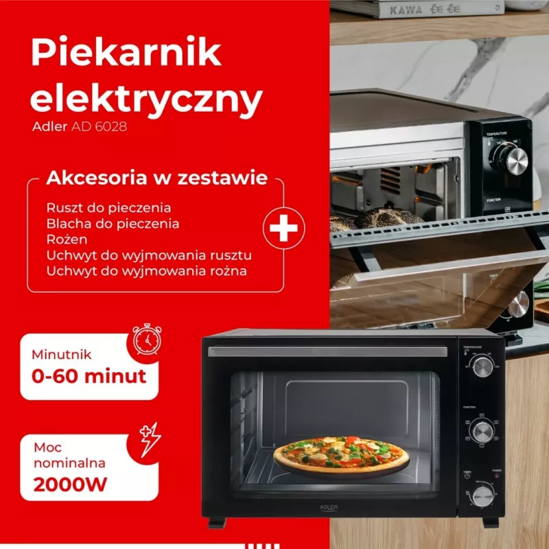 Elektriahi Adler AD 6028 — 60 L, 2000 W, vabalt paigutatav, pöördnupud, rotisserie, max 230°C, must