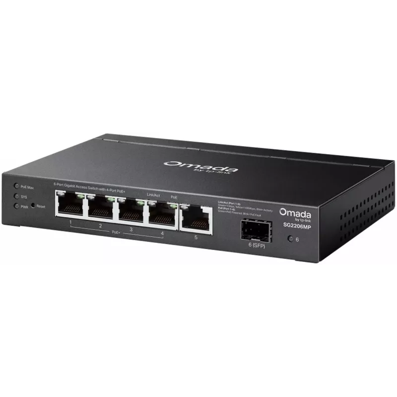 Võrgulüliti TP‑LINK SG2206MP L2 Gigabit Ethernet PoE 5‑port (5x Gigabit, 1x SFP, PoE+ 4 porti, 63W eelarve)