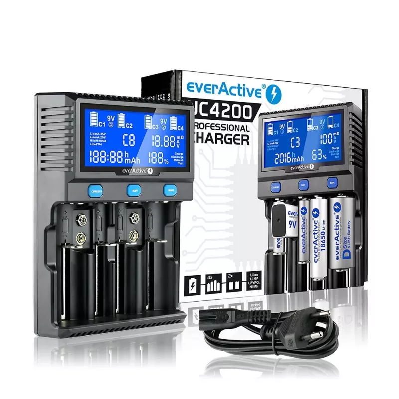 everActive UC-4200 Universaalne vahelduvvoolu akulaadija 12V 3A, toetab AA/AAA/C/9V, 4 elementi, must, sisseehitatud ekraan