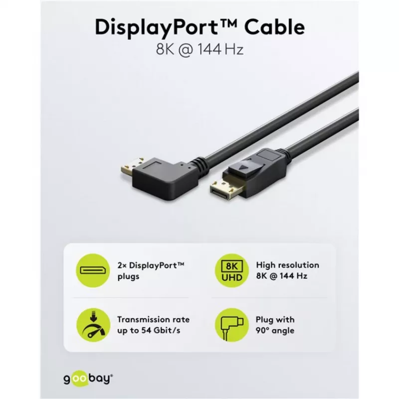 kaabel DisplayPort Plug 90° > DisplayPort Plug, 8K / 144Hz (must, 2 Meter, 1 Plug 90° külgkalle, 54 Gbit/s, DisplayPort 2.0 / 2.1)