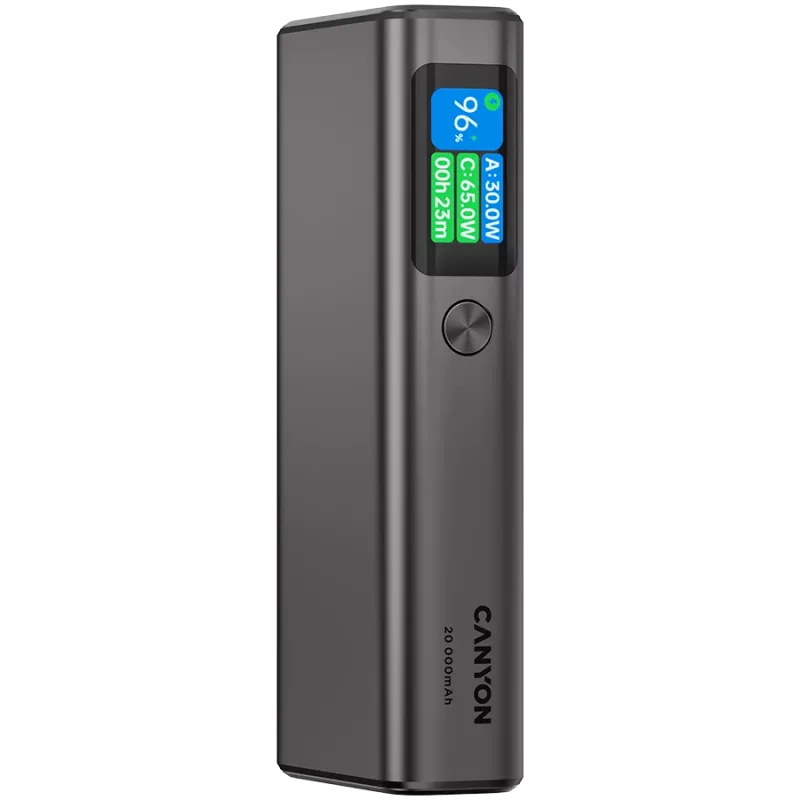 Canyon OnPower 230 TFT akupank, 20000 mAh, PD 130 W, 2x USB-C + USB-A, metallkorpus, tumehall