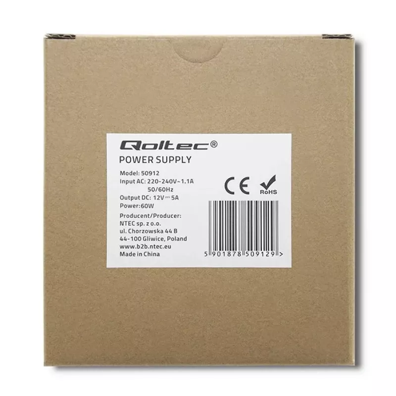 Qoltec DIN-liistu toiteplokk | 60 W | 12 V | 5 A | valge | õhuke