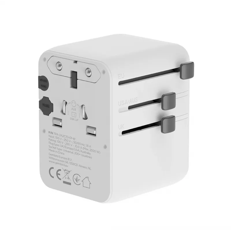 Reisiadapter GEMBIRD TPA-2A3C70-01-W — I tüüpi pistik, 3× USB-C (70W), 2× USB-A (18W), 100–250V, valge