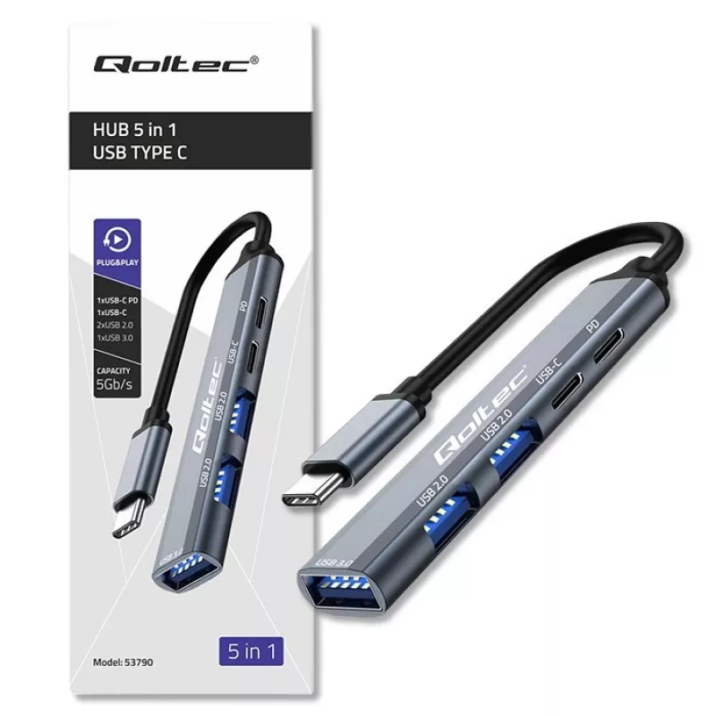 Qoltec 53790 Hub-adapter USB-C 3.1 5in1 | USB-C PD | USB-C | 2x USB 2.0 | USB 3.0
