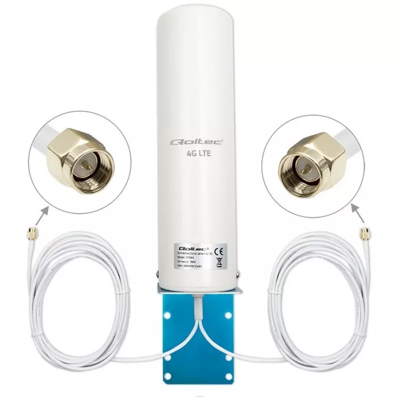Välistingimustes kasutatav mitmesuunaline 4G LTE antenn QOLTEC 57044, 5 dBi, 600–2700 MHz, 50 W, 50 Ω, valge vasest korpus