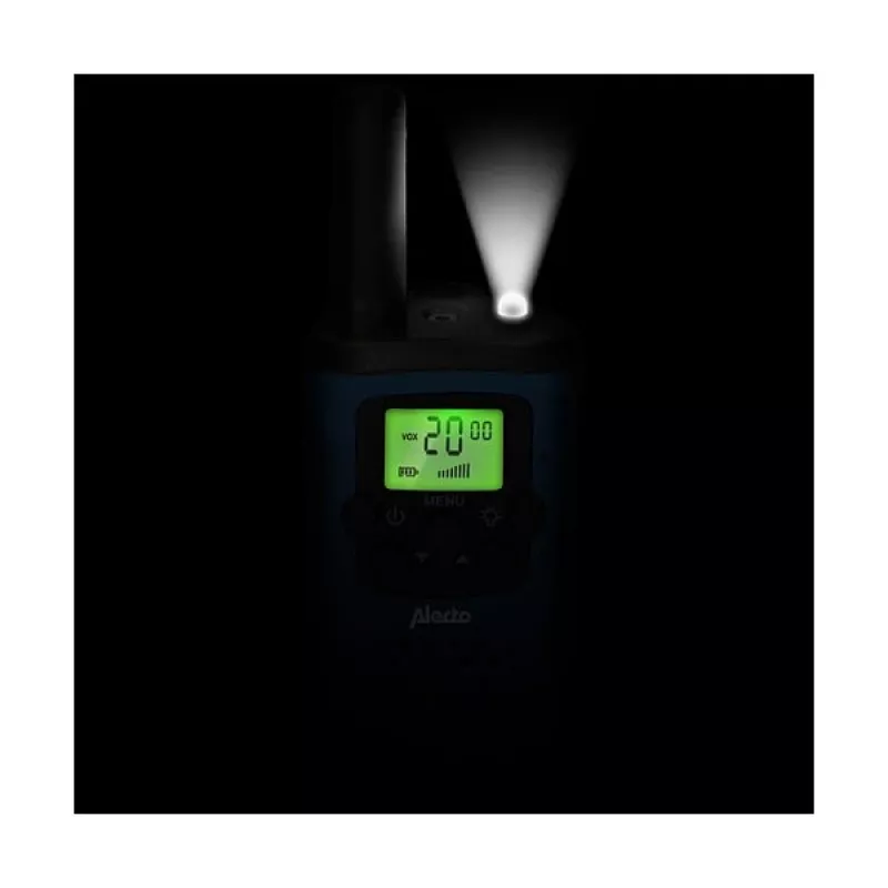 Kahesuunaline raadio Alecto FR-115BW — 8 kanalit, kuni 7 km leviulatust, 24 h aku kestvust, 2 akut kaasas